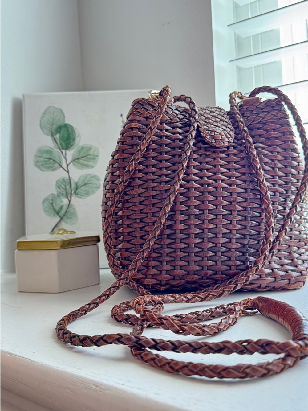 Vintage Woven Leather Crossbody Bag Brown Boho Artisan Basketweave Small Bucket